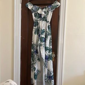 Tropical Off the Shoulder Dress with Criss Cross Front and Shorts.